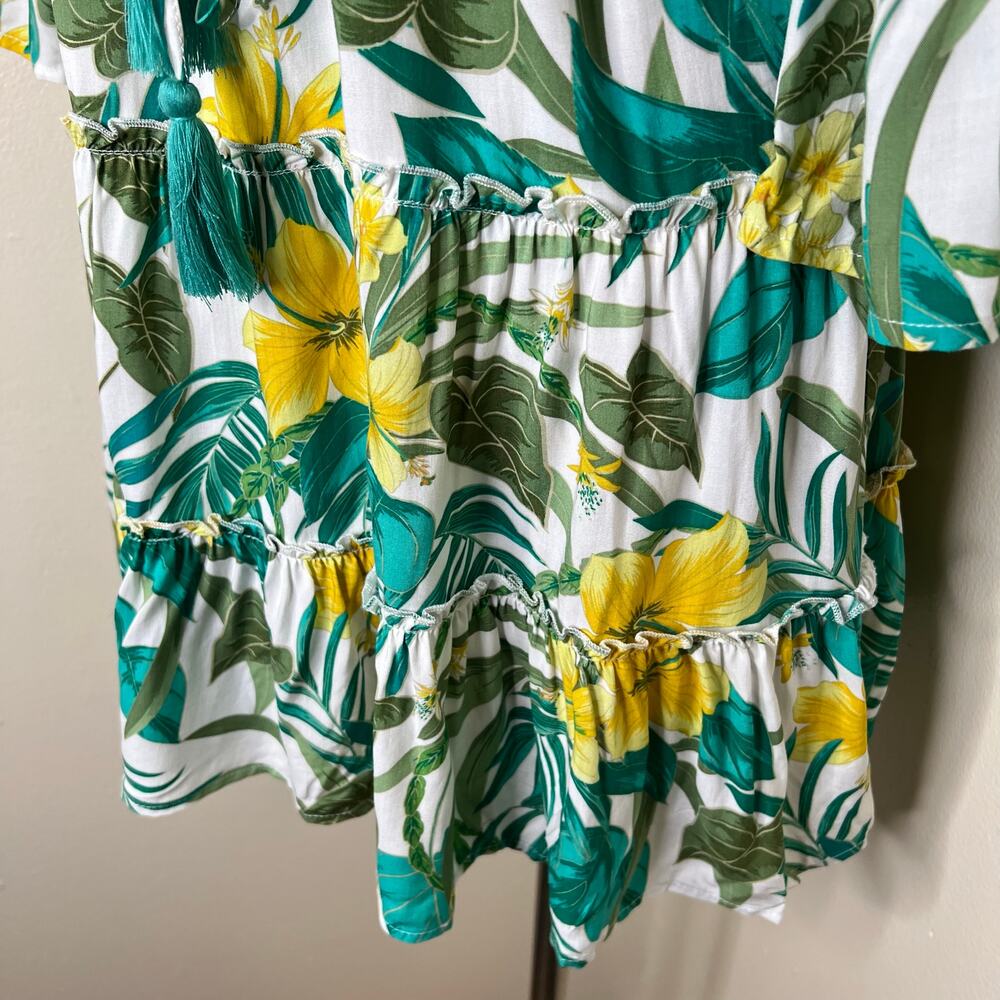 Blue Island Mini Dress SMALL Floral Tropical Plunge Hawaiian Bell Sleeve Resort - Picture 4 of 9